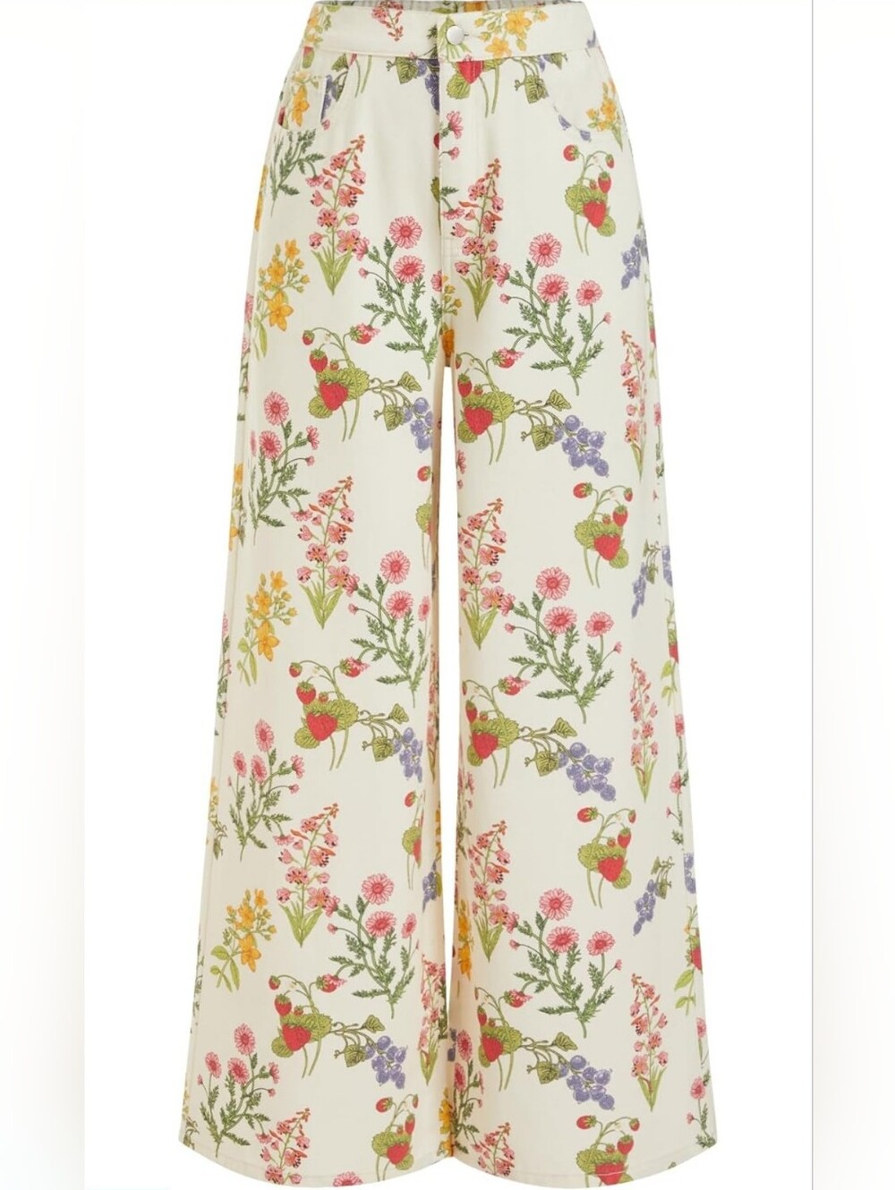 Cider Floral Wide-Leg Jumpsuit Pants in Cream with Pink & Green Print